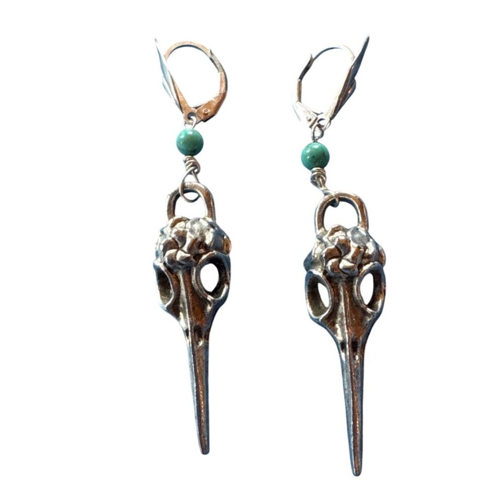 Gothic Raven Skull Dangle Earrings Turquoise Beads Lever Back Silver Tone
